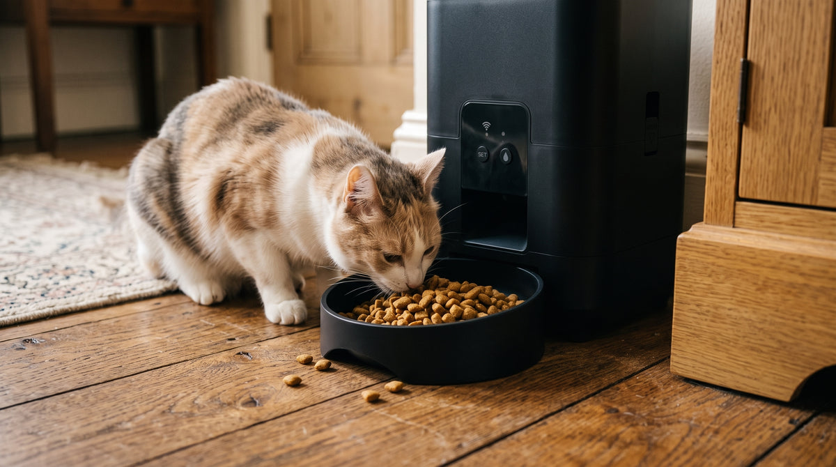 A cat eating from the black Gavelli WiFi Smart Feeder at home