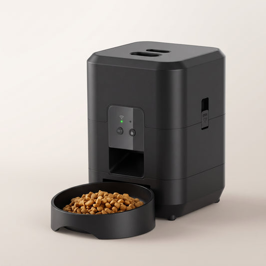Gavelli WiFi Smart Feeder in black, with its bowl filled with dry food