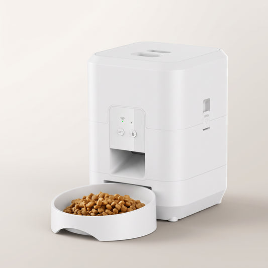 Gavelli WiFi Smart Feeder in white, with its bowl filled with dry food