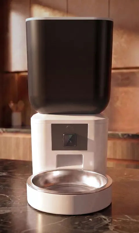 The Gavelli Camera Feeder in white with one bowl, front view.