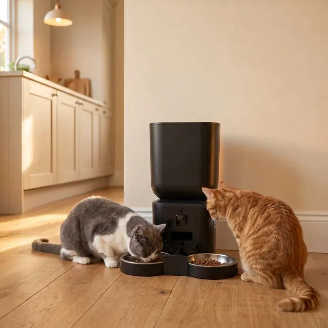 Two cats eating from the feeder.