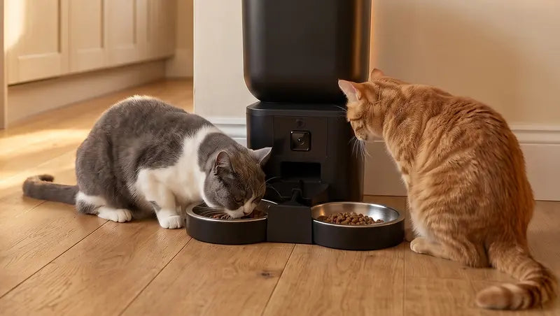 A grey and white cat and a ginger cat eating from the two bowls of the feeder.